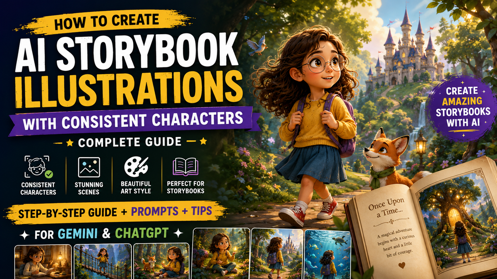 How to Create AI Storybook Illustrations With Consistent Characters Creating a children's storybook traditionally requires writing a story, designing characters, creating illustrations, and making sure every page has a consistent visual style. For beginners, the illustration part can be particularly challenging. AI image-generation tools have made this process much easier. You can describe a character, create an illustration, and then use carefully structured prompts to build additional scenes around the same character. However, there is one major challenge: character consistency. If your main character looks different on every page, the storybook can feel disconnected. The hair may change, the clothes may look different, or the character's face and proportions may suddenly become completely different. In this guide, you'll learn how to create AI storybook illustrations with consistent characters, how to create a character reference, how to write scene prompts, and how to maintain a consistent visual style across multiple illustrations. What Is Character Consistency in AI Images? Character consistency means keeping the same fictional character recognizable across multiple AI-generated images. For example, imagine your story has a little girl named Maya. You might define her as: 8 years old Curly dark-brown hair Round glasses Yellow sweater Blue skirt Red sneakers Small purple backpack If Maya appears on ten pages, these important characteristics should remain recognizable. The environment can change from a bedroom to a forest, beach, school or castle, but the character should still look like the same person. This is the foundation of consistent AI storybook illustrations. Why Is Character Consistency Important? A children's storybook is a visual story. Readers expect the characters to remain recognizable as the story progresses. Without consistency, several problems can occur: Character appearance changes Clothing changes unexpectedly Hair color changes Facial features change Age appears different Body proportions change Illustration style changes Colors become inconsistent These changes can make an otherwise good AI-generated story feel unprofessional. A consistent character, on the other hand, makes the book feel more cohesive and intentional. How to Create AI Storybook Illustrations With Consistent Characters The most reliable approach is to create your character first and then use that character as a visual reference for future scenes. Step 1: Create a Character Bible Before generating story scenes, create a simple character bible. A character bible is a reference containing the important visual details of your character. Include: Character Name Choose a memorable name. Age Specify the approximate age of the fictional character. Hair Describe: Color Length Texture Hairstyle Face Describe general characteristics such as: Face shape Eye color Glasses Distinctive features Clothing Keep the primary outfit consistent unless the story specifically requires a costume change. Accessories Mention things such as: Backpack Hat Watch Necklace Shoes Personality You can also describe the character's personality because it can influence expressions and poses. For example: > Curious, adventurous, friendly and energetic. Step 2: Create the Character Reference Image Once you have your character description, generate a clean reference image. Don't immediately create a complicated story scene. Instead, create a character sheet showing the character clearly. Character Reference Prompt > Create a detailed children's storybook character reference sheet for a fictional 8-year-old girl named Maya. She has curly dark-brown shoulder-length hair, warm brown eyes, round transparent glasses and a friendly expressive face. She wears a mustard-yellow sweater, blue knee-length skirt, white socks and red sneakers, with a small purple backpack. Show her standing in a clear neutral pose against a simple clean background. Include front view, three-quarter view and side view while keeping the character's appearance consistent. Use a charming high-quality illustrated children's book style with clean shapes, expressive details and soft natural lighting. This is a character reference sheet, so prioritize consistent appearance over complex scenery. This reference becomes the visual foundation for your future illustrations. Step 3: Write the Story Before Generating Images Don't create images randomly. First divide your story into scenes. For example: Page 1 Maya wakes up and discovers a mysterious letter. Page 2 She walks into the forest. Page 3 She discovers a glowing tree. Page 4 She meets a friendly fox. Page 5 The fox guides her toward an old wooden bridge. Page 6 Maya crosses the bridge. Page 7 She discovers a hidden garden. Page 8 She returns home with a magical seed. Now every illustration has a clear purpose. Step 4: Reuse the Character Description One of the easiest ways to improve consistency is to maintain a master character description. Don't completely rewrite the character differently for every page. For example, keep this section consistent: > Maya is an 8-year-old girl with curly dark-brown shoulder-length hair, warm brown eyes, round transparent glasses, a mustard-yellow sweater, blue knee-length skirt, white socks, red sneakers and a small purple backpack. Then add the scene after it. This gives every prompt a stable character foundation. Step 5: Describe the New Scene After defining the character, describe what is happening in the specific illustration. For example: > Maya is standing at the edge of a magical forest, looking curiously toward a glowing path between tall trees. Then describe the environment: > The forest contains soft green foliage, tiny glowing flowers and gentle morning mist. Finally, specify the illustration style: > Use the same children's storybook illustration style as the character reference. A Complete Storybook Scene Prompt Here is an example you can adapt: > Use the provided character reference as the visual identity reference for Maya. Keep her facial features, curly dark-brown shoulder-length hair, warm brown eyes, round transparent glasses, mustard-yellow sweater, blue knee-length skirt, white socks, red sneakers and purple backpack consistent with the reference. Create a new children's storybook illustration showing Maya standing at the entrance of a magical forest while looking curiously toward a glowing pathway. Surround her with tall friendly-looking trees, soft green foliage, tiny glowing flowers and gentle morning mist. Keep Maya clearly recognizable and maintain the same illustration style, proportions and color language as the character reference. Create a warm, imaginative and polished children's picture-book illustration with clear storytelling composition. How to Maintain the Same Art Style Character consistency isn't the only thing that matters. Your illustrations should also look like they belong to the same book. Keep these elements consistent: Illustration style Color palette Lighting Character proportions Line quality Level of detail Background treatment Overall mood For example, don't create Page 1 in a soft watercolor style and Page 2 in a realistic 3D-rendered style unless the story specifically requires a style change. Create a Style Guide You can establish a style such as: > Soft modern children's picture-book illustration, gentle rounded shapes, expressive characters, subtle textured brushwork, warm natural colors, soft atmospheric lighting, detailed but uncluttered backgrounds and whimsical storytelling composition. Then reuse the same style description throughout the book. Gemini Prompt for Consistent Storybook Characters Gemini can work with uploaded images and can use image references in supported workflows. A useful prompt structure is: > Use the uploaded character reference as the primary visual reference. Create a new children's storybook scene while keeping the character's appearance consistent with the reference. Preserve the character's recognizable facial features, hairstyle, clothing, accessories, proportions and overall illustration style. Change only the pose, expression and environment required by the story. Create a warm, polished picture-book illustration with consistent lighting, colors and visual style. The important idea is to tell the AI what can change and what should remain consistent. ChatGPT Prompt for Consistent Storybook Characters ChatGPT Images can work with uploaded images and allows users to describe the changes or new image they want. It also supports targeted editing workflows. Try: > Use my uploaded character reference as the visual reference for the main character. Create a new children's storybook illustration featuring the same character. Preserve the character's facial identity, hairstyle, clothing, accessories, proportions and recognizable appearance. Place the character in a completely new story scene described below: [describe scene]. Keep the same illustration style, visual quality, lighting approach and color language as the reference. Make the character look like the same fictional character rather than a redesigned version. 5 Ready-to-Use AI Storybook Scene Prompts Prompt 1: Magical Forest > Use the provided character reference and keep the main character's appearance consistent. Preserve the same face, hairstyle, clothing, accessories, proportions and illustration style. Show the character walking along a magical forest pathway surrounded by oversized trees, glowing flowers and tiny floating lights. The character looks curious and excited while exploring the mysterious forest. Use warm children's picture-book illustration, soft atmospheric lighting, detailed but uncluttered scenery and consistent colors. Prompt 2: Enchanted Castle > Use the same character reference and preserve the character's recognizable appearance, clothing, hairstyle, proportions and visual style. Show the character standing outside a beautiful enchanted castle on a hill at sunset. Add colorful gardens, a winding stone pathway and a few friendly birds in the distance. Create a magical but believable children's storybook scene with warm light, expressive character posing and consistent illustration quality. Prompt 3: Underwater Adventure > Keep the main character consistent with the provided reference, including facial appearance, hairstyle, clothing, accessories and proportions. Place the character inside a magical underwater world surrounded by colorful coral, friendly sea creatures, bubbles and glowing plants. The character appears amazed and happy while discovering the underwater environment. Maintain the same children's storybook art style and create a colorful, polished and imaginative illustration. Prompt 4: Snowy Mountain > Use the character reference to maintain the same fictional character across the story. Preserve the face, hairstyle, clothing identity, accessories and proportions. Show the character standing on a snowy mountain trail while looking toward a distant glowing cabin. Add soft falling snow, pine trees, distant mountains and warm light coming from the cabin. Use a cozy children's picture-book illustration style with soft atmospheric depth and consistent visual design. Prompt 5: Returning Home > Maintain the exact visual identity and illustration style of the main character from the reference. Show the character happily returning home at sunset after completing an adventure. The character carries the same small backpack and walks along a peaceful path toward a warmly lit house. Add subtle flowers, trees and golden evening light. Create an emotional final storybook illustration with warm colors, natural expression, consistent character proportions and a polished children's picture-book aesthetic. How to Create Different Expressions Your character doesn't need the same facial expression on every page. You can change: Happy Curious Surprised Worried Excited Sad Relieved Proud But the underlying facial identity should remain recognizable. For example: > Keep the character's facial structure and recognizable appearance consistent, but change the expression to genuine surprise as she discovers the glowing tree. This separates identity from expression. How to Change Clothes Without Losing Character Identity Sometimes the story requires a different outfit. For example, your character might wear pajamas at night and outdoor clothes during an adventure. Don't completely redesign the character. Instead, explain the change: > Keep the character's face, hairstyle, eye color, proportions and recognizable identity consistent. Change only the clothing to comfortable blue pajamas appropriate for a bedtime scene. This helps maintain continuity. How to Keep Multiple Characters Consistent If your story contains several characters, create a separate reference description for each one. For example: Maya Curly brown hair, round glasses, yellow sweater and purple backpack. Leo Short black hair, green hoodie, dark trousers and orange sneakers. Milo Small orange fox with a white chest, green scarf and expressive brown eyes. Then use all three references when creating scenes that contain them together. This is particularly important when multiple characters appear repeatedly. Common Problems With AI Storybook Illustrations 1. The Character's Face Changes This can happen when the AI receives insufficient visual reference information. Solution Use a clear character reference and repeat the important identity characteristics. 2. Clothing Changes Randomly Solution Include the clothing details in your master character description. 3. Art Style Changes Between Pages Solution Create a consistent style guide and reuse the same style instructions. 4. Character Becomes Older or Younger Solution Mention the character's approximate age and maintain consistent proportions. 5. Background Becomes Too Detailed A complicated background can compete with the character. Solution Tell the AI to keep the background detailed enough for storytelling but visually secondary to the main character. How to Organize Your AI Storybook A simple workflow can look like this: Phase 1 — Story Write the complete story. Phase 2 — Characters Create every important character. Phase 3 — Character References Generate clear reference images. Phase 4 — Style Choose the illustration style. Phase 5 — Scene Planning Divide the story into individual illustrations. Phase 6 — Image Generation Create each scene using the references. Phase 7 — Consistency Check Compare every page with the character references. Phase 8 — Final Editing Correct any obvious inconsistencies before publishing. This process is much more reliable than generating each page independently. Tips for Better AI Storybook Results Keep Prompts Structured A useful structure is: Character → Appearance → Action → Environment → Lighting → Composition → Art Style → Consistency Instructions Use the Same Character Name Giving your fictional character a consistent name can make your workflow easier to organize. Keep a Master Prompt Save the original character description somewhere safe. Don't rely on memory when creating a long story. Generate in Small Batches Create a few scenes and check consistency before producing the entire book. Inspect Every Image Look for: Face changes Hair changes Clothing inconsistencies Strange hands Missing accessories Incorrect proportions Unwanted objects Style differences AI-generated images can contain mistakes, so human review is still important. How to Create a Professional AI Storybook If you're planning to turn your illustrations into an actual digital storybook, think beyond individual images. Every page should work together. Keep consistent: Character design Typography Illustration style Page dimensions Color language Story pacing Character age Visual hierarchy You can also leave intentional space in an illustration for story text. For example: > Compose the illustration with the main character positioned toward the lower-right portion of the scene and leave clean, visually quiet space in the upper-left area for story text. This can make the final book layout much easier. Final Thoughts Learning how to create AI storybook illustrations with consistent characters is mainly about building a repeatable visual system. Don't start by generating dozens of random scenes. First create the character, establish the visual style, write the story, and divide it into scenes. Then use the character reference and master description throughout the image-generation process. Gemini and ChatGPT can both be useful for this workflow, particularly when you provide clear reference images and detailed instructions. Remember that AI does not guarantee perfect consistency in every generation. Always compare new illustrations with your reference images and regenerate or refine images when important details change. The best AI storybooks are not simply collections of attractive AI images. They are visually consistent stories where the characters, environments and illustrations work together to tell one clear narrative. Frequently Asked Questions How do I keep AI characters consistent across multiple images? Create a strong character reference first, then reuse that reference and a consistent character description when generating new scenes. What should a character reference include? Include the character's age, hairstyle, facial characteristics, clothing, accessories, colors, proportions and other visually important details. Can Gemini create consistent AI storybook characters? Gemini supports image-generation and image-editing workflows involving uploaded images and reference images, depending on the available model and features. Can ChatGPT create AI storybook illustrations? Yes. ChatGPT's image tools can create images and edit uploaded images using natural-language instructions. Should every storybook page use the same prompt? Not exactly. Keep the character description and art-style instructions consistent, but change the action, environment, emotion and composition according to each scene. How many characters can I include in an AI storybook? There is no universal ideal number. For beginners, starting with one or two main characters makes visual consistency easier to manage. Why does my AI character keep changing? Common reasons include weak reference images, inconsistent prompts, too many simultaneous changes or insufficient instructions about which characteristics must remain unchanged. Can I change my character's clothes? Yes. Keep the face, hairstyle, proportions and other identity characteristics consistent, and explicitly describe the new clothing as the only major appearance change. What is the best illustration style for an AI children's book? There is no single best style. Soft picture-book illustration, watercolor-inspired artwork, colorful digital illustration and stylized cartoon artwork can all work well. The most important factor is maintaining the same visual language throughout the book.